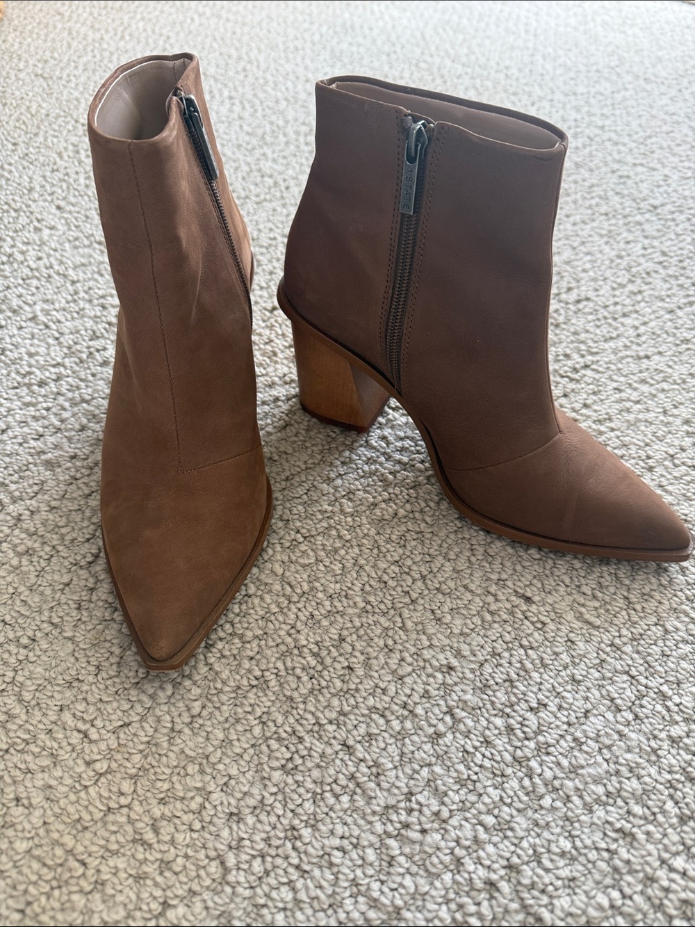 Brown Leather Pointed Toe Block Heel Ankle Boots, 8